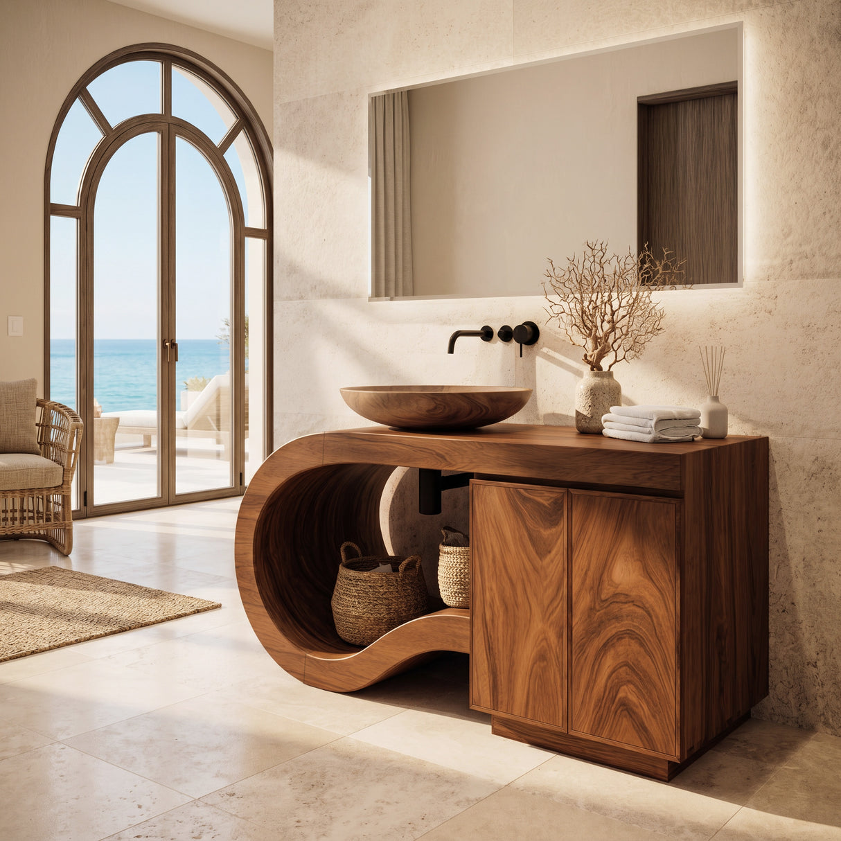 Modern Wooden Bathroom Vanity With Curved Pedestal For Bathroom