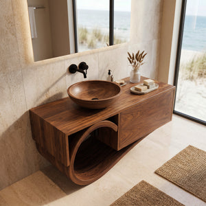 Modern Bathroom Vanity With Curved Loop Base For Bathroom Use