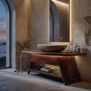 Organic Wood Bathroom Vanity With Open Storage For Bathroom