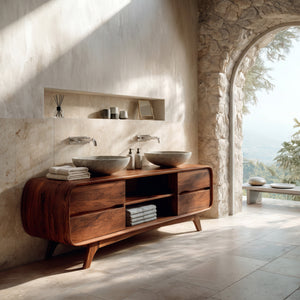 Modern Bathroom Vanity With Open Shelf In The Middle For Bathroom
