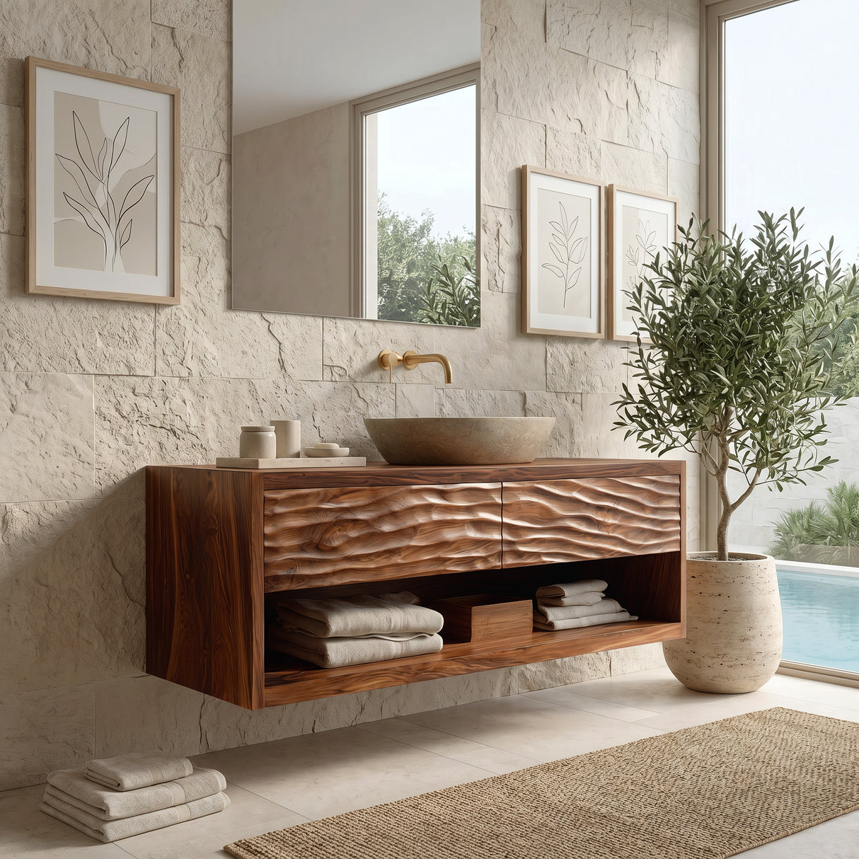 Contemporary Floating Bathroom Vanity With Carved Front For Bathroom