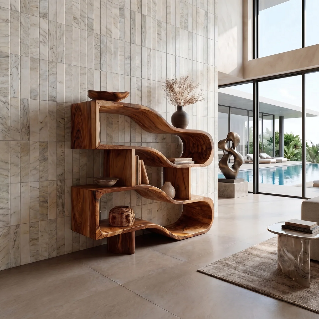 Modern Architectural Wooden Display Shelf With Floating Curves
