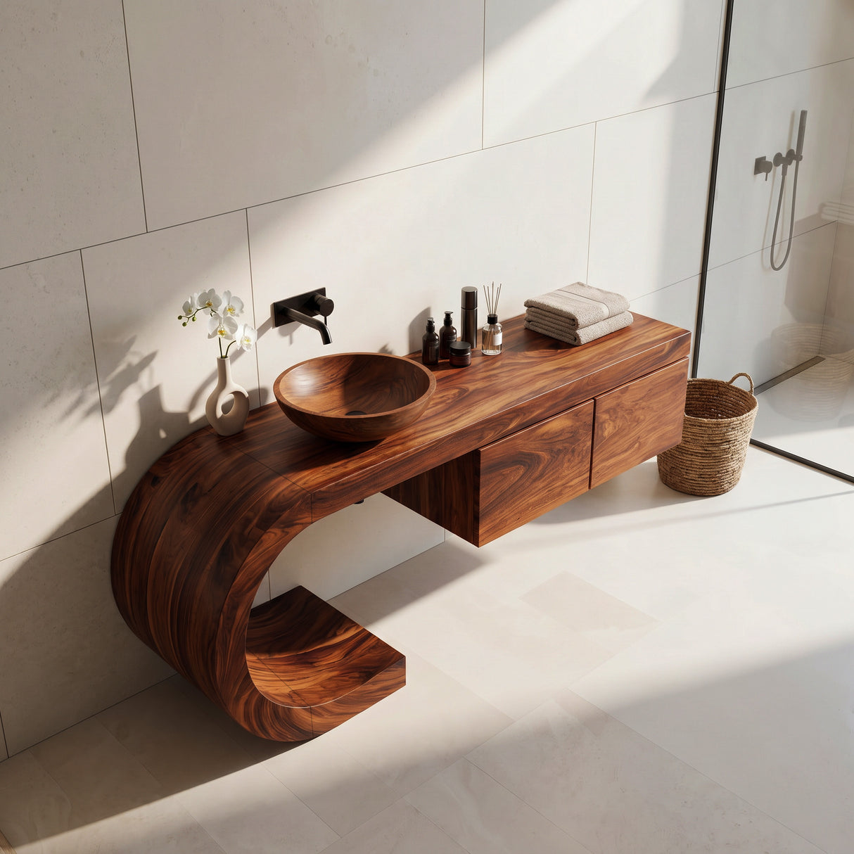 Organic Floating Bathroom Vanity With Sculptural Curved Base For Bathroom