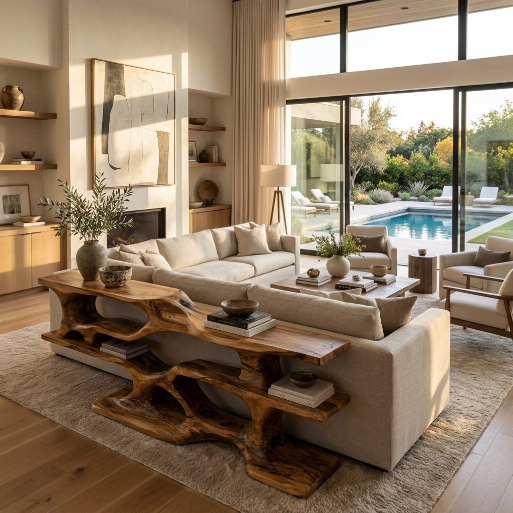 Wooden Console Table With Sculptural Open Shelves For Living