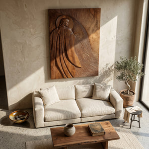 Contemporary Wooden Wall Art With Carved Figure For Living Room