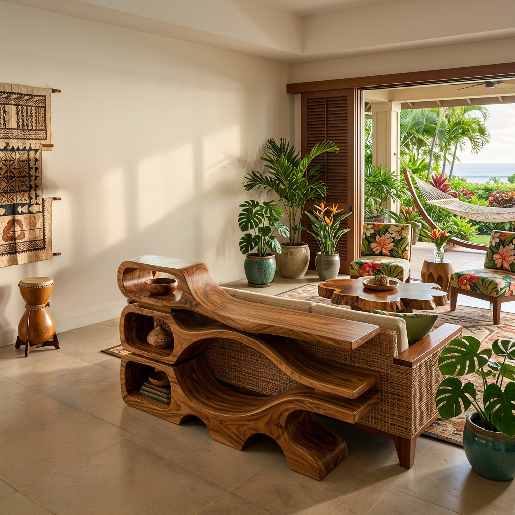 Rustic Wooden Console Table With Sculptural Hollow For Interior