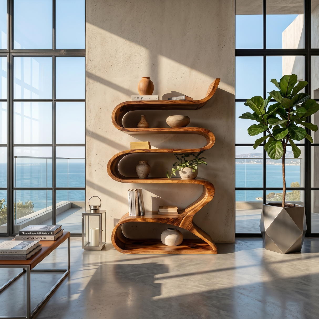 Sculptural Wooden Wall Shelf In Flowing Form