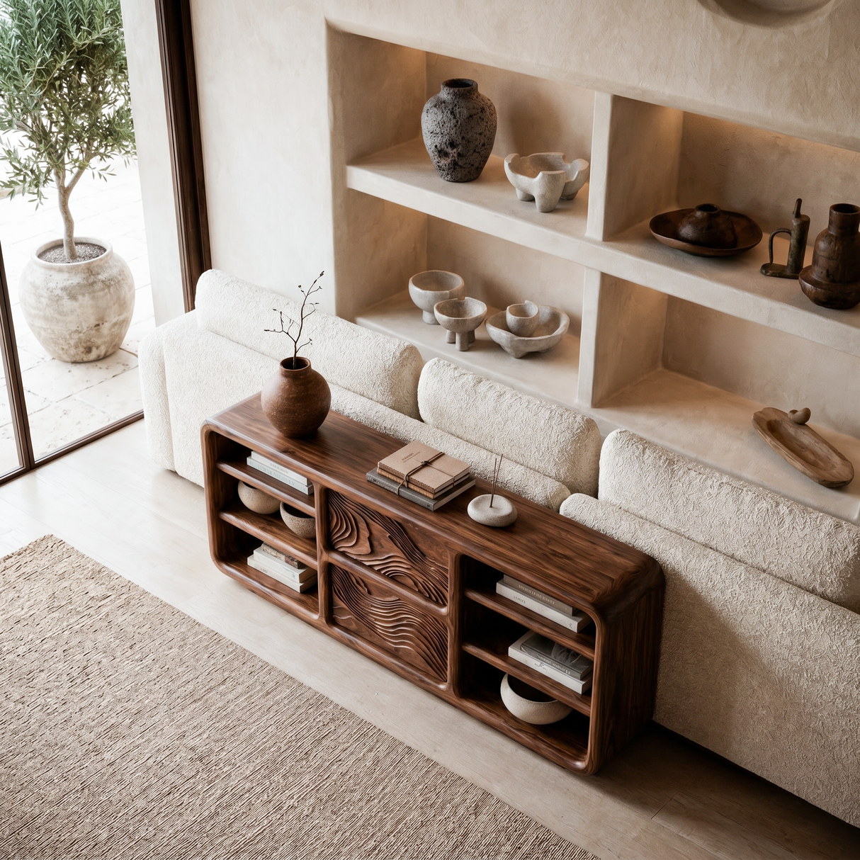 Handcrafted Console Table With Wave Carved Mid For Modern Living