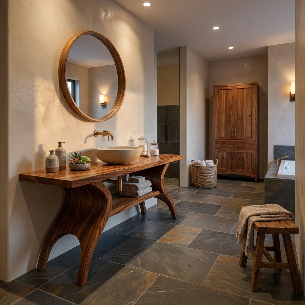 Organic Wooden Bathroom Vanity With Open Towel Shelf For Bath