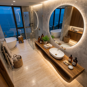 Wood Bathroom Vanity With Floating Wave Shelf For Modern Bath