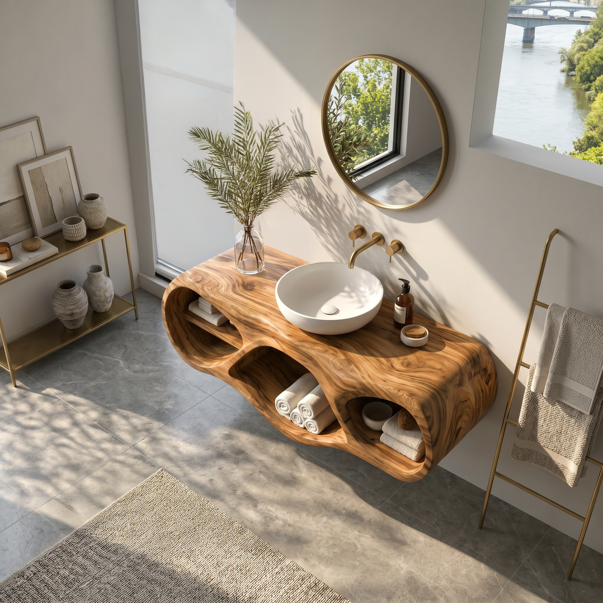 Organic Bathroom Vanity With Oval Open Shelves For Spa Bathroom