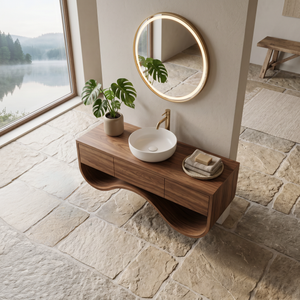 Luxury Bathroom Vanity Cabinet With Undulating Open Shelf For Bath
