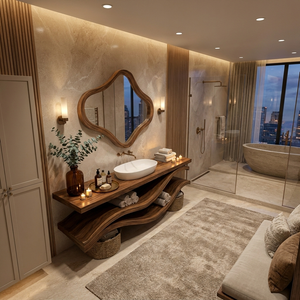 Luxury Bathroom Vanity With Flowing Wave Open Shelves For Bath