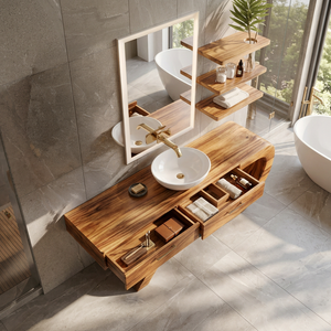 Modern Wood Bathroom Vanity With Sculptural Wave Base For Bath