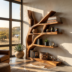 Contemporary Wooden Bookshelf Sculptural Shape For Living Room