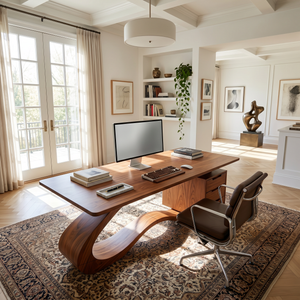 Modern Streamline Desk With Storage Cabinet For Workspace