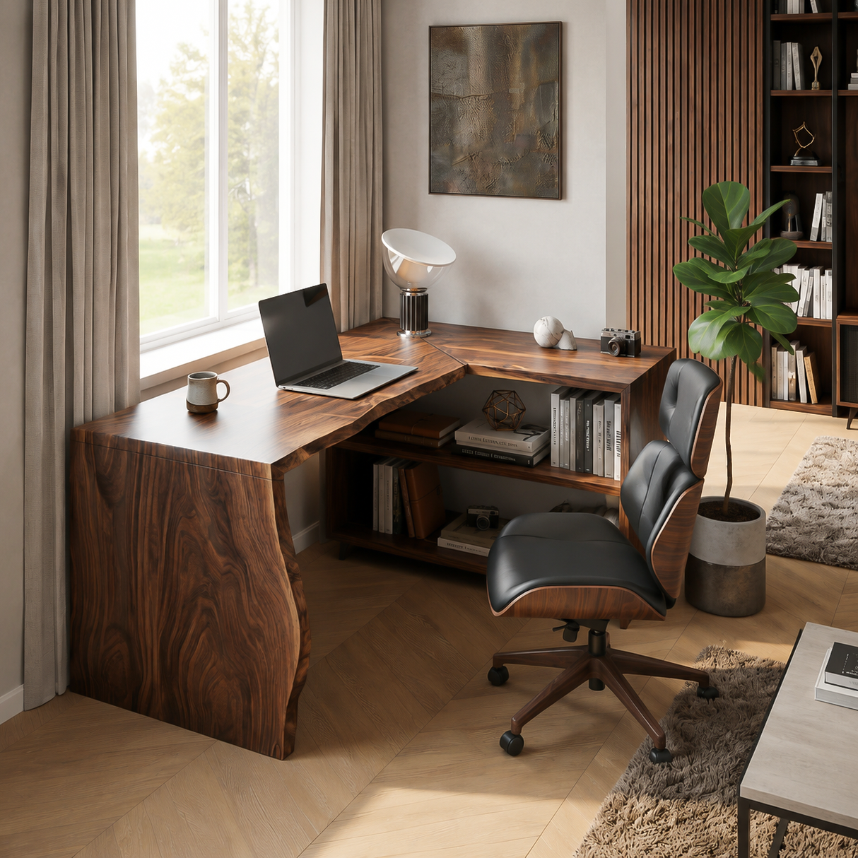 Modern L Shaped Wooden Desk With Bookshelf For Home Office Or Study