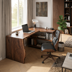 Modern L Shaped Wooden Desk With Bookshelf For Home Office Or Study