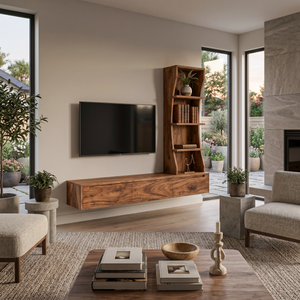 Wall Mounted Wood TV Console With Vertical Storage For Living