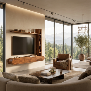 Wooden Floating TV Stand With Tall Open Shelf For Living