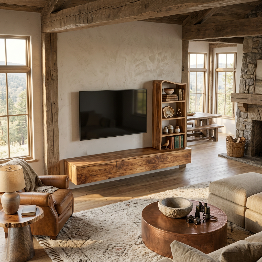 Wood Wall Mounted TV Console With Side Storage For Living