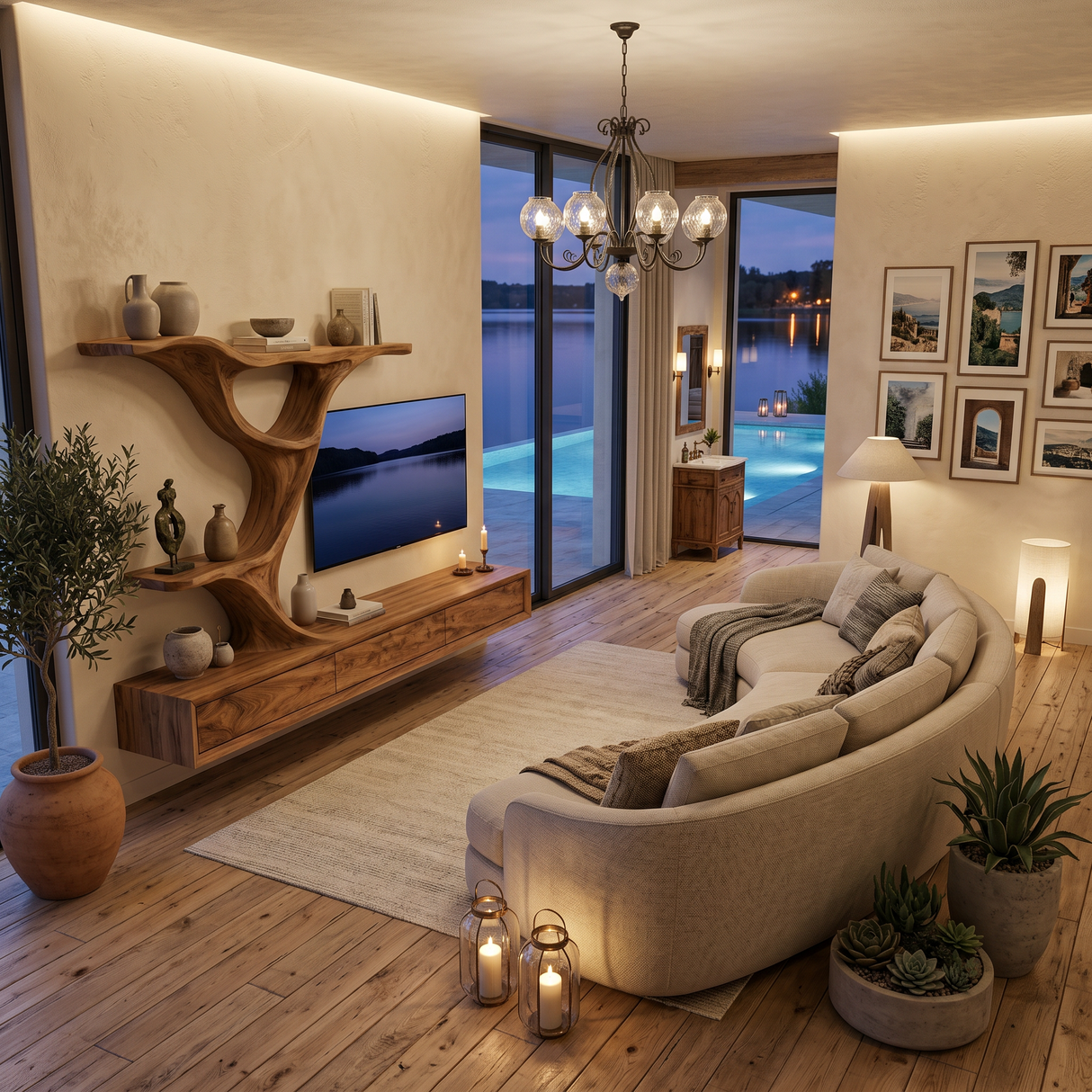 Wooden Floating TV Stand With Side Branch-shaped Storage For Living