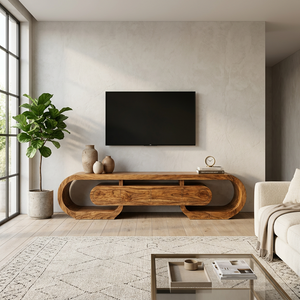 Modern Wood TV Cabinet Curved Design With Drawers For Living