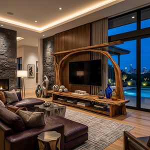 Wooden TV Cabinet With Sculptural Branch Frame For Modern Living