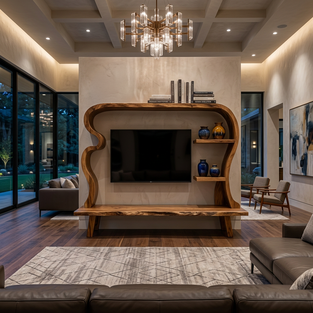 Wood TV Stand With Undulating Frame For Living Room Decor