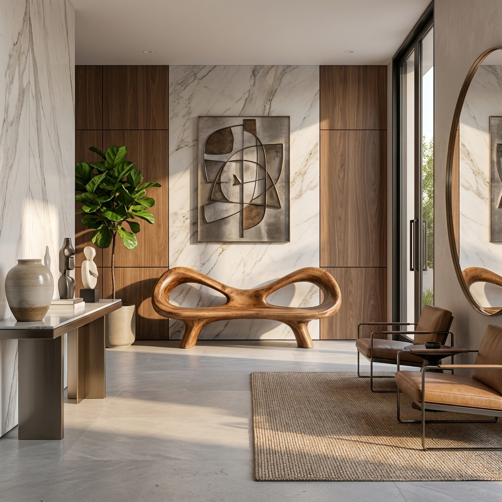 Organic Bench With Hollow Sculpture Backrest For Luxury Interiors