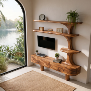 Rustic Wood TV Cabinet With Sculptural Display Shelves For Home