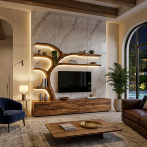 Wooden TV Stand With Branch Display Shelves For Living Room