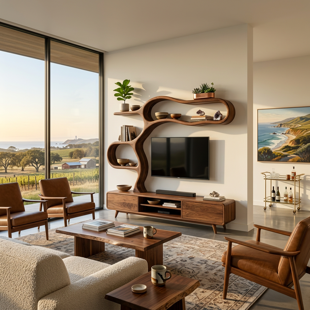 Contemporary Wooden TV Cabinet With Sculptural Frame For Living Room