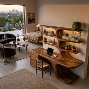 Modern Wood Desk With Built In Bookshelves For Workspace