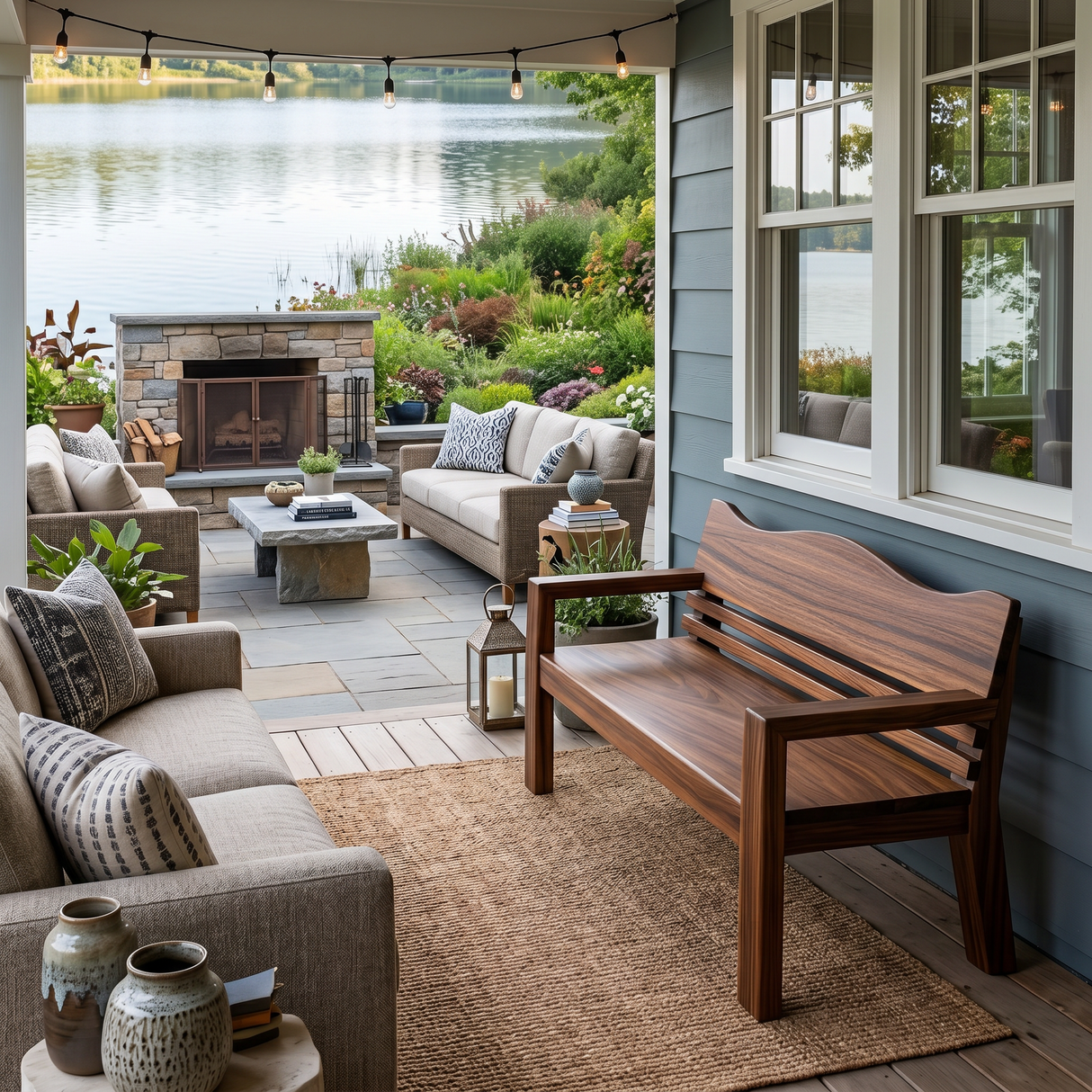 Rustic Outdoor Wooden Bench With Curved Backrest For Garden Or Porch