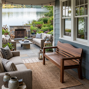 Rustic Outdoor Wooden Bench With Curved Backrest For Garden Or Porch