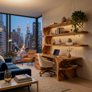 Sculptural Wood Desk With Curved Shelving And Drawer For Office