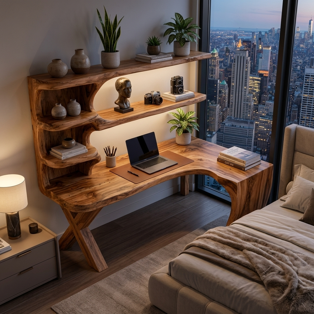 Contemporary Wood Desk With Curved Bookshelves For Home Office