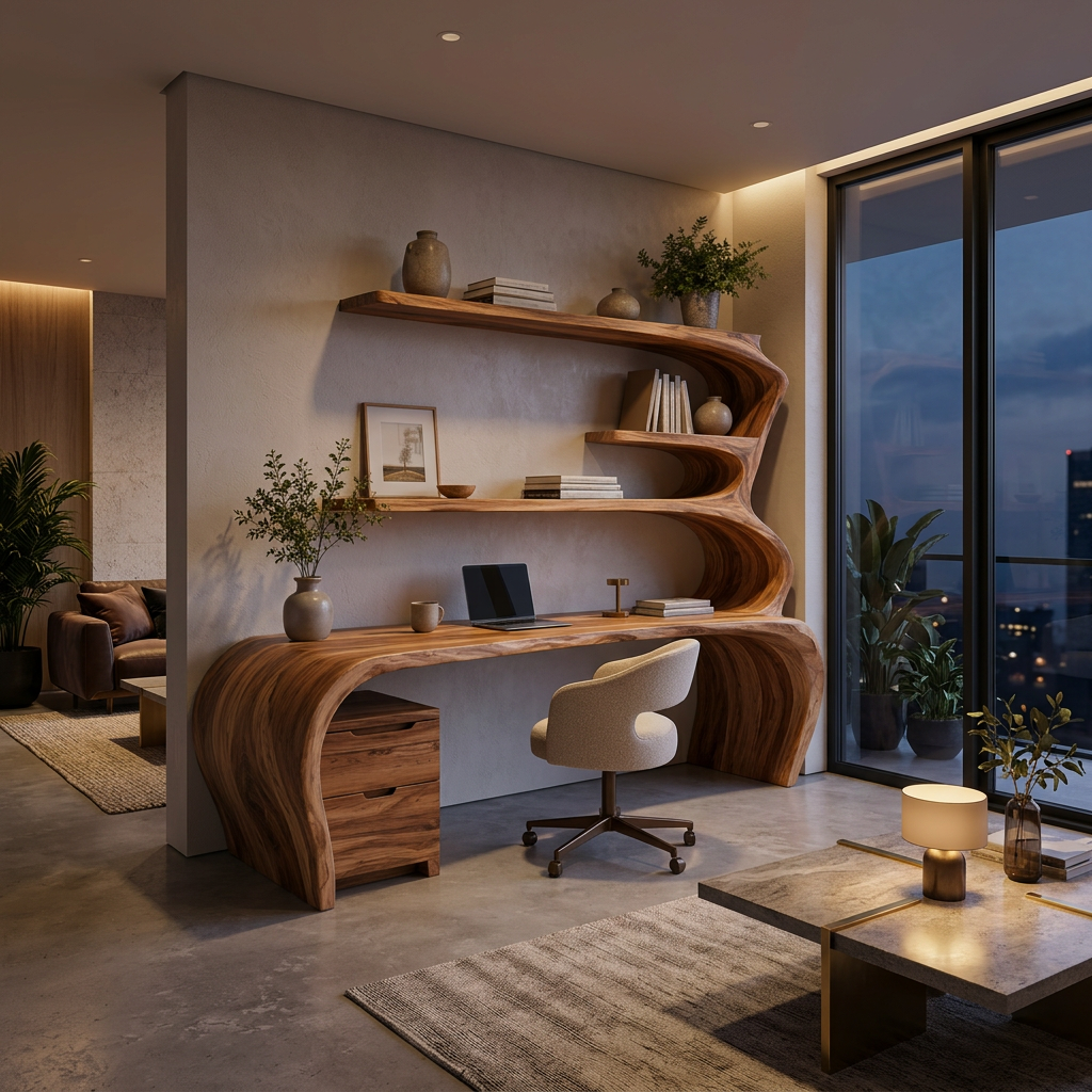 Sculptural Wooden Desk With Rounded Edges For Home Office
