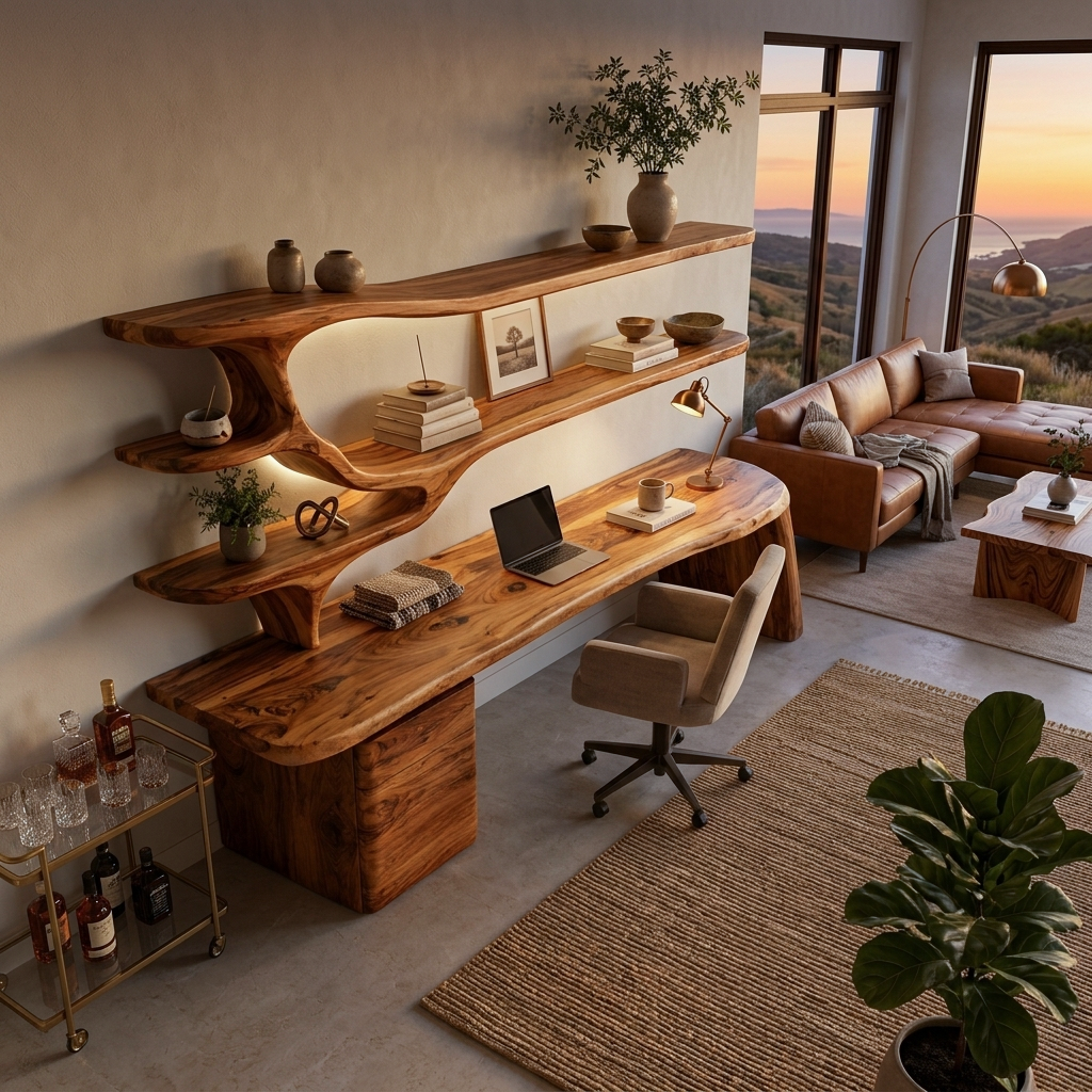 Contemporary Wood Desk With Sculptural Bookshelves For Workspace