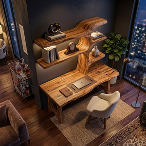 Handcrafted Wood Desk With Open Shelves For Workspace Decor