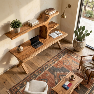 Organic Sculptural Wood Desk With Integrated Bookshelf For Home Office
