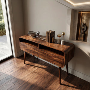 Mid Century Rounded Console Table With Two Compartments For Entryway