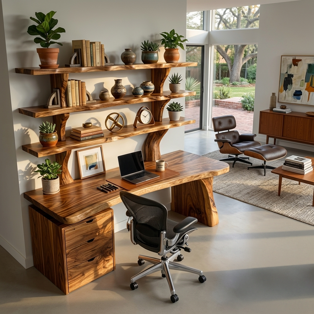 Organic Wood Desk With 3-Tier Integrated Bookshelf For Study Room