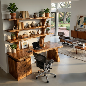 Organic Wood Desk With 3-Tier Integrated Bookshelf For Study Room