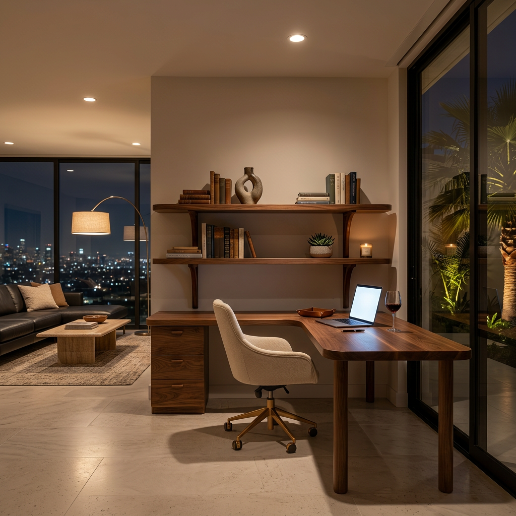 Modern L-Shaped Desk With Open Bookshelves For Home Study