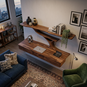Wall Mounted Wood Desk With Upper Shelves For Home Office