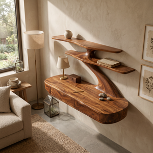 Floating Wooden Desk With Curved Upper Shelf Frame For Workspace