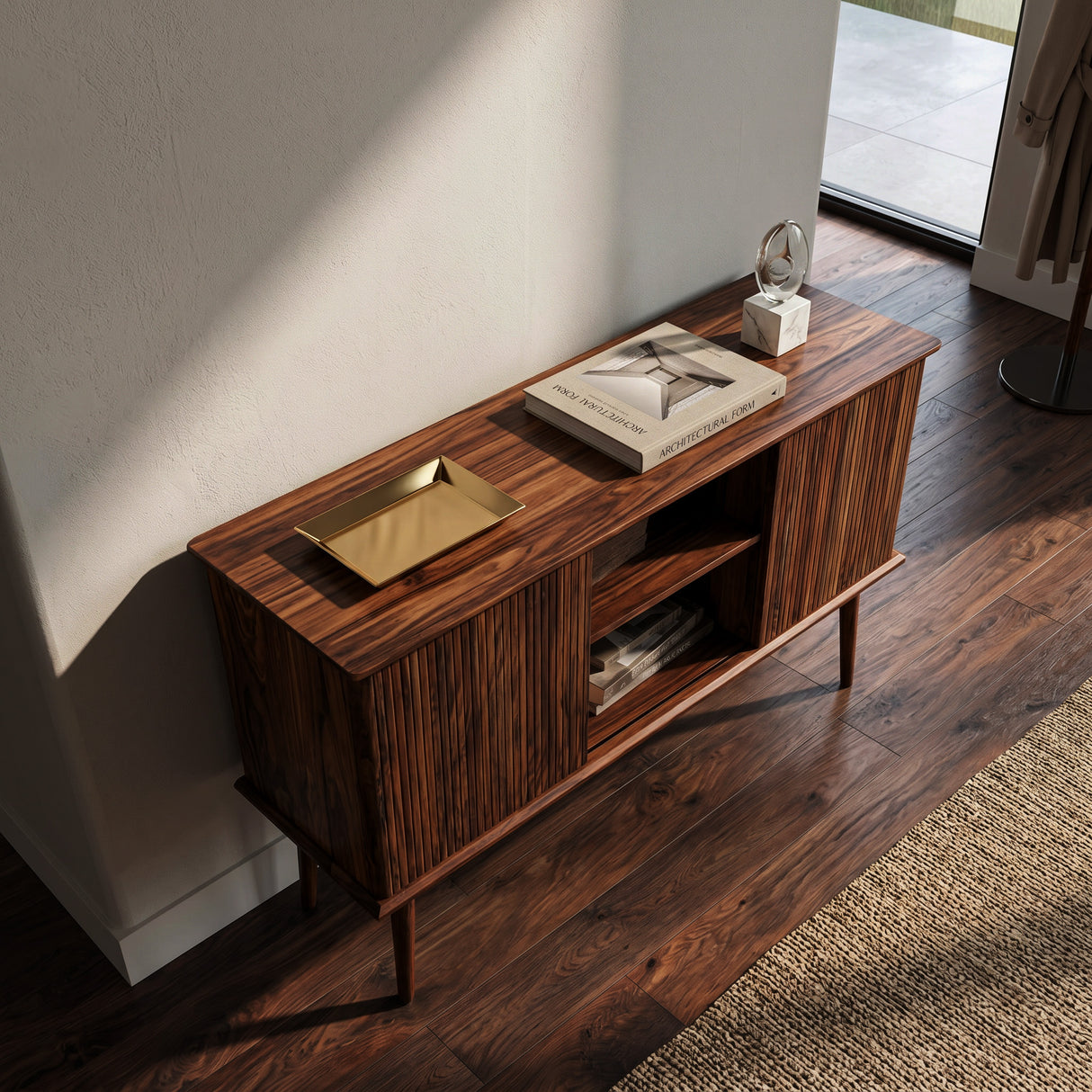 Organic Wooden Fluted Console Table For Entryway