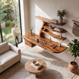 Wood Floating Desk With Multi Level Organic Shelves For Office